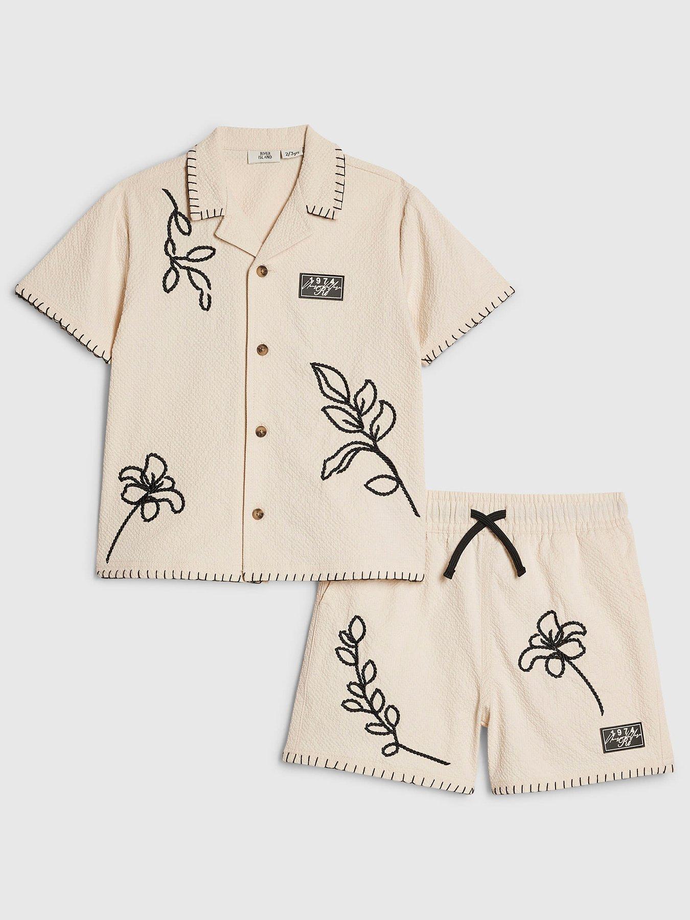 River Island Mini Boys Embroidered Back Print Summer Mode Swim Set - Beige