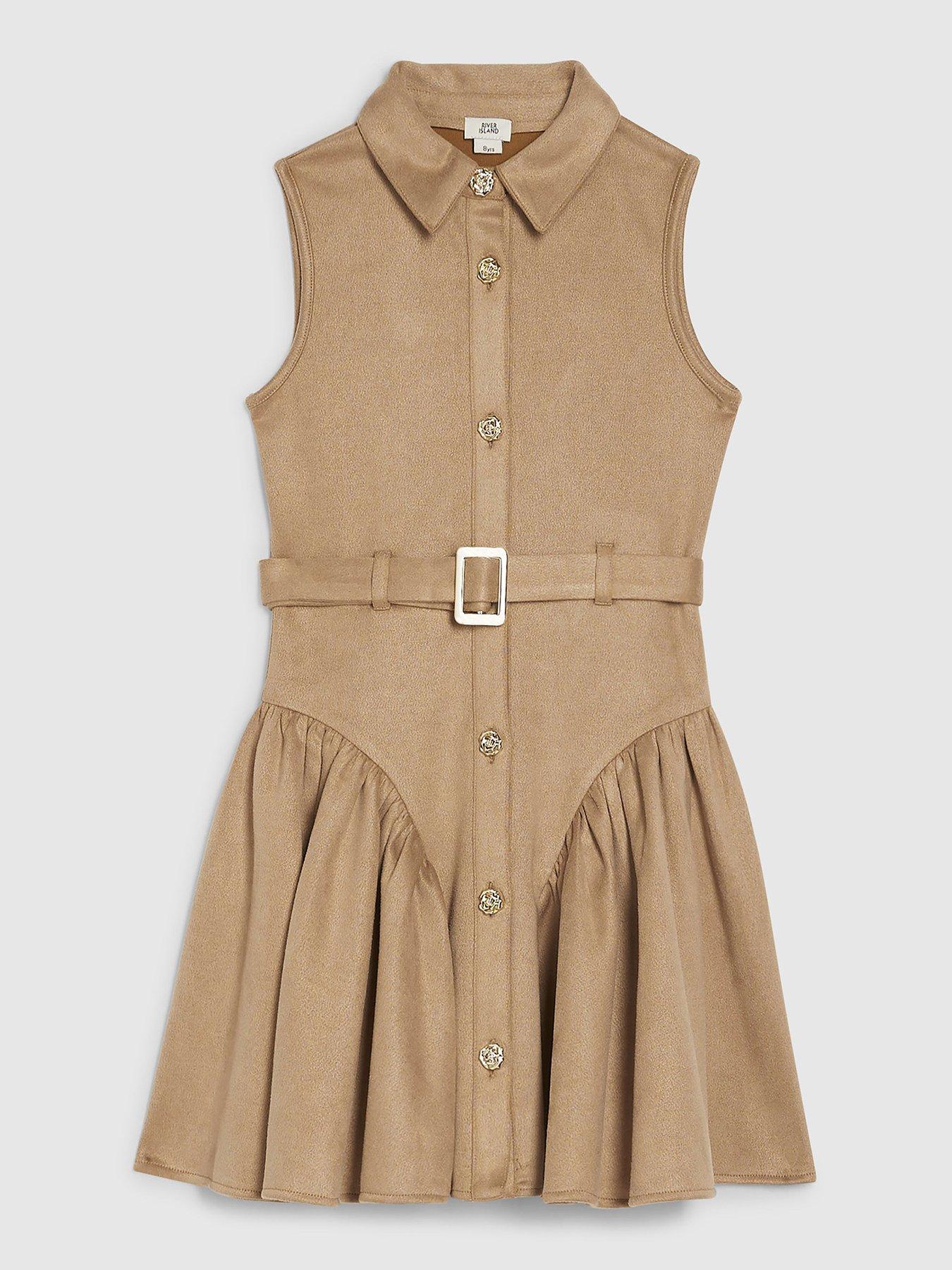 River Island Older Girls Faux Suede Sleeveless Prom Dress - Beige