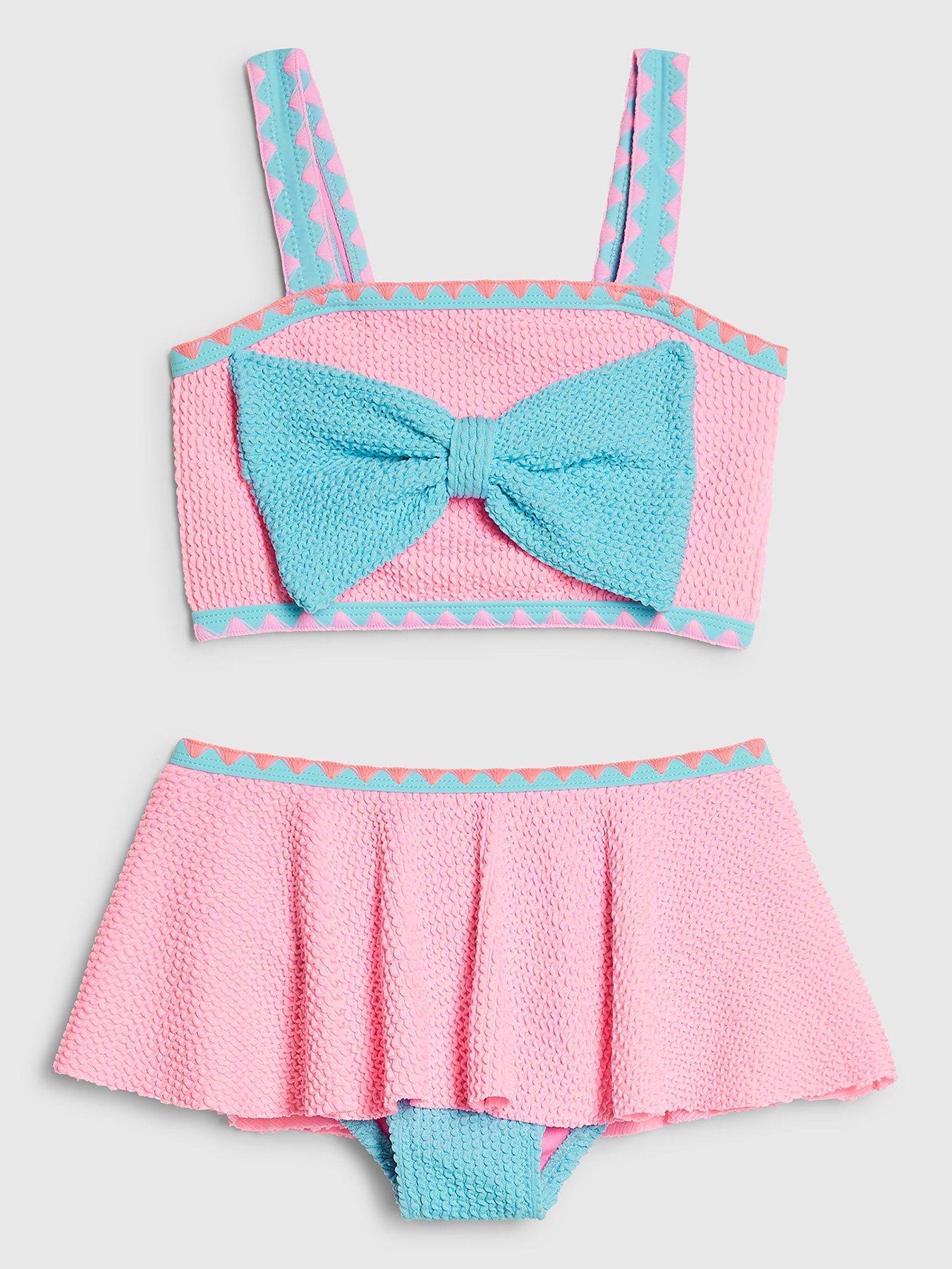 Image 1 of 5 of River Island Mini Girls Bow Textured Bikini Set - Pink