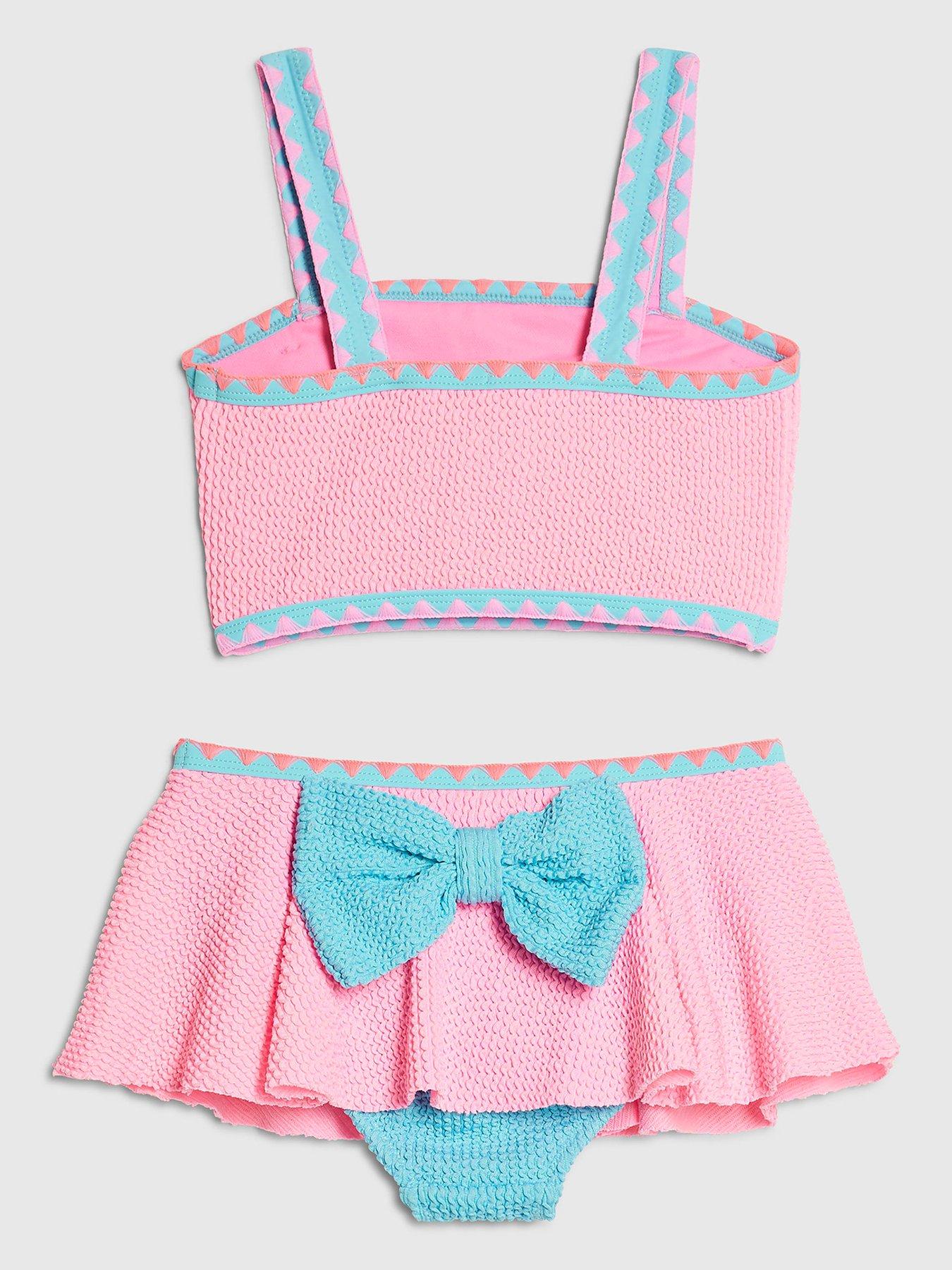 Image 2 of 5 of River Island Mini Girls Bow Textured Bikini Set - Pink
