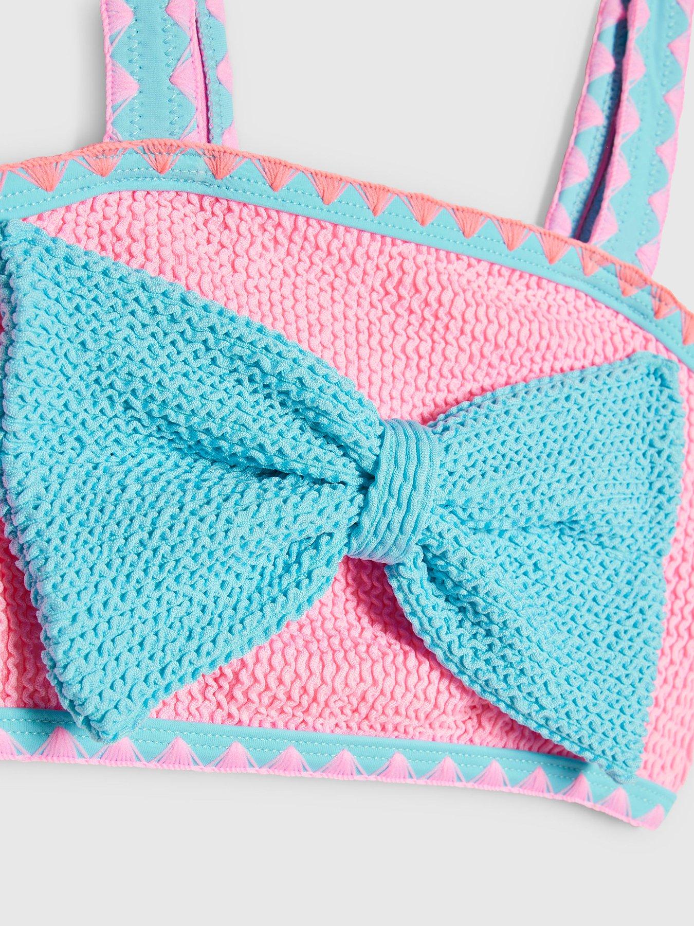 Image 4 of 5 of River Island Mini Girls Bow Textured Bikini Set - Pink