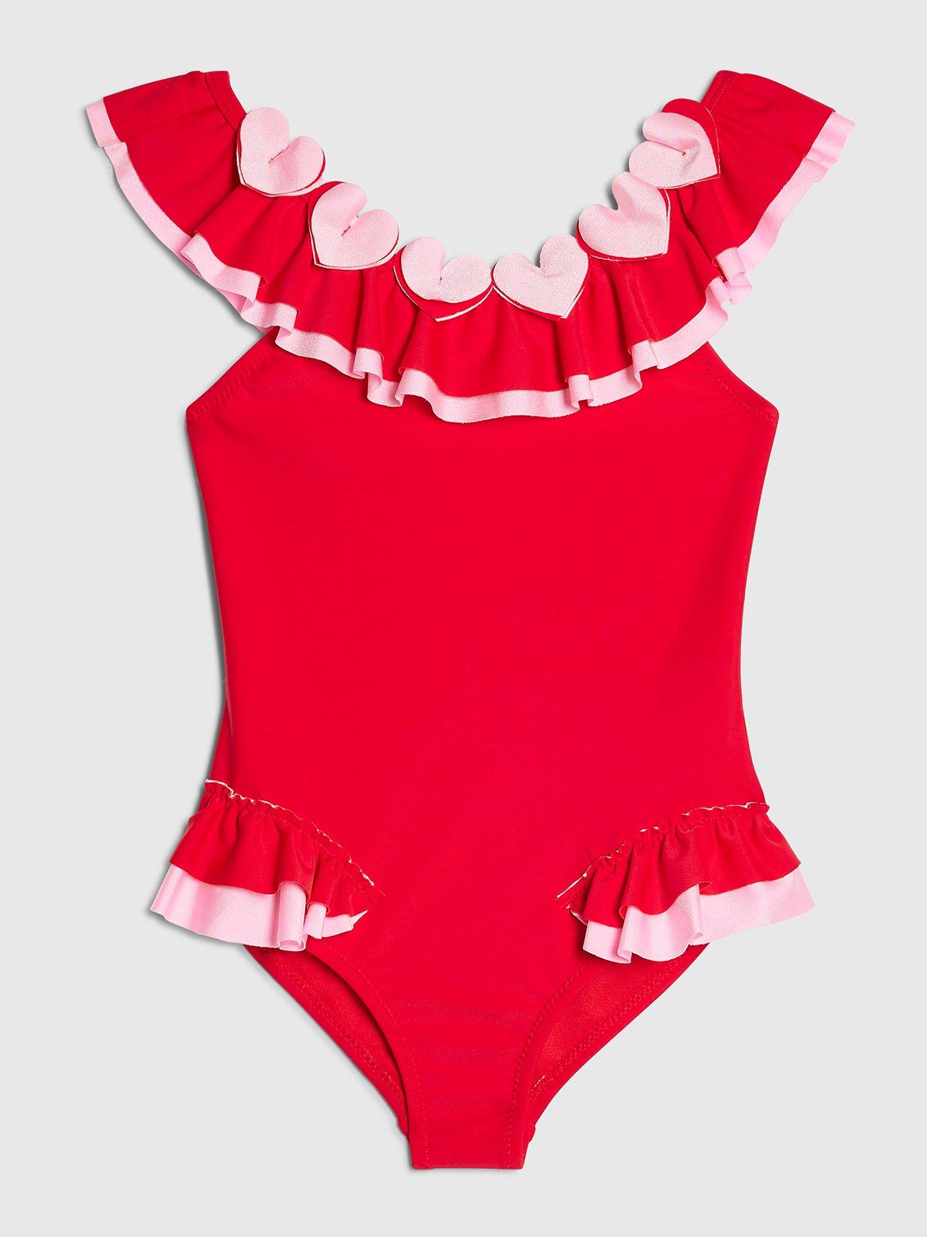 River Island Mini Girls Heart Frill Swimsuit - Red | Littlewoods