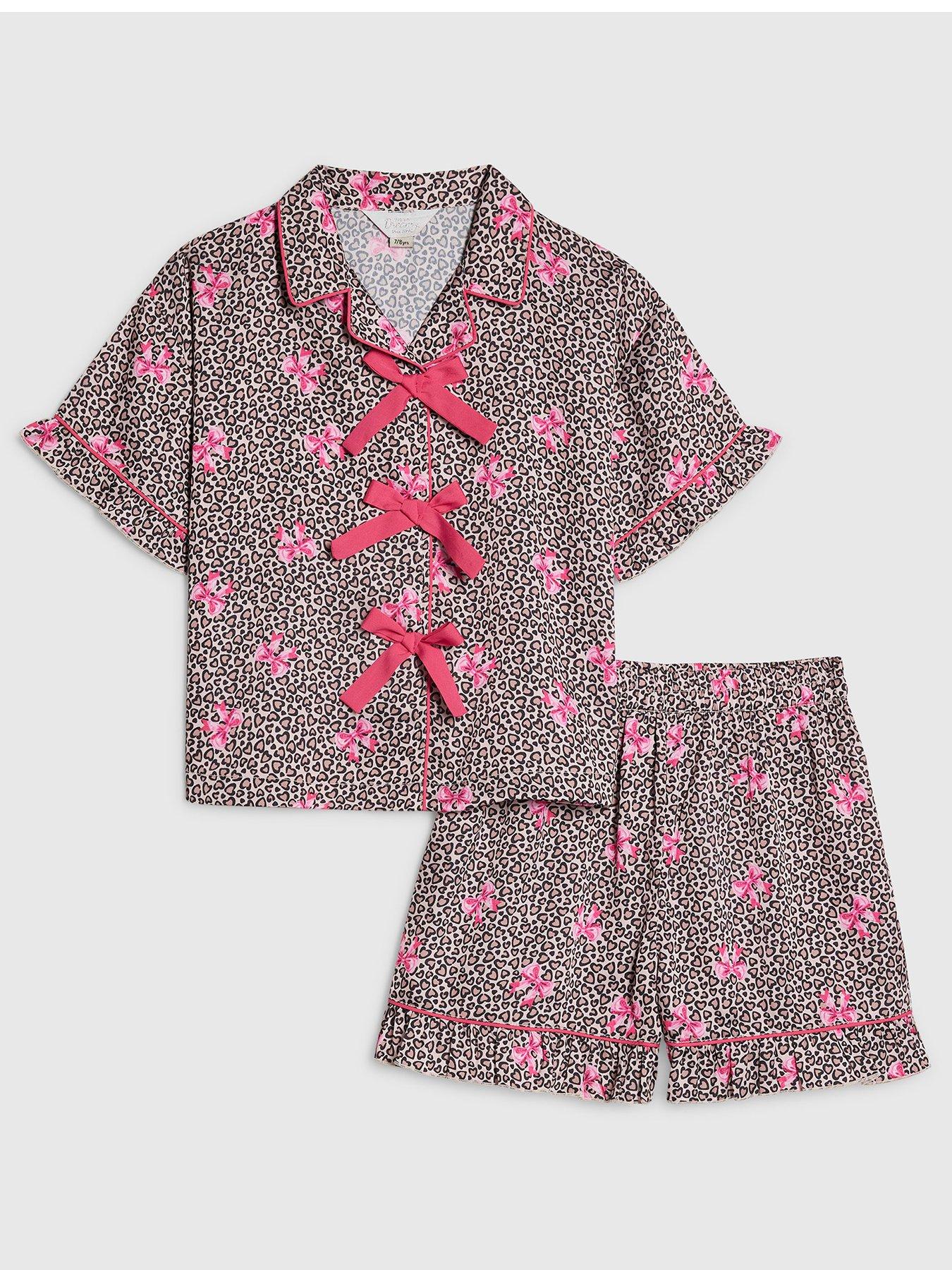 River Island Older Girls Leopard Bow Satin Pyjamas - Brown