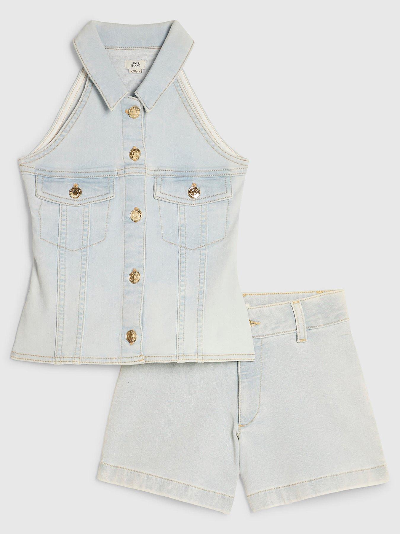 River Island Girls Denim Waistcoat And Shorts Set - Blue