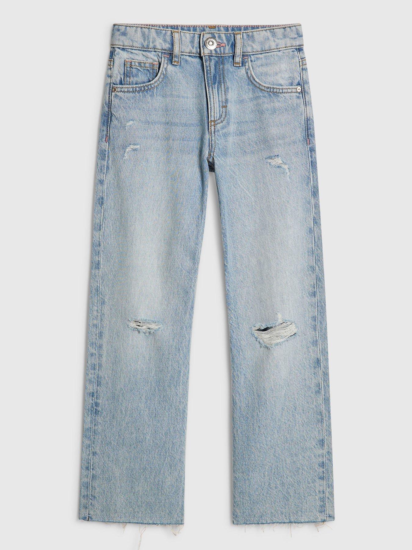 River Island Older Girls Ripped Straight Jeans - Blue