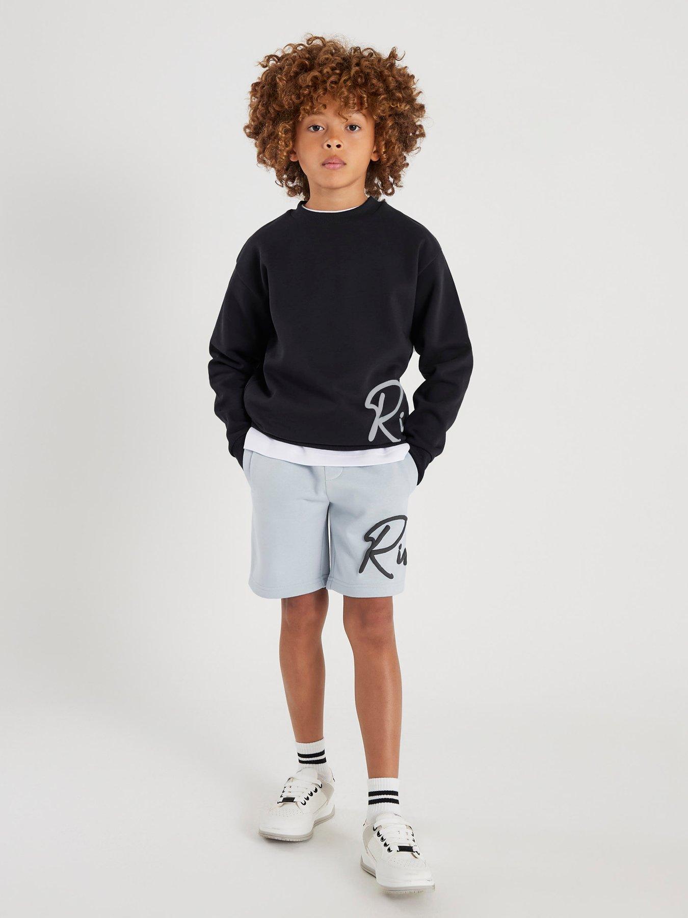 Image 1 of 4 of River Island Older Boys Logo Script Sweatshirt Set - Navy
