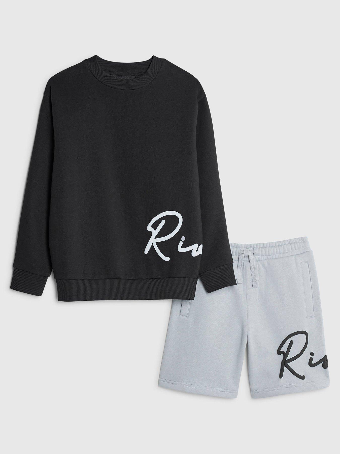Image 2 of 4 of River Island Older Boys Logo Script Sweatshirt Set - Navy