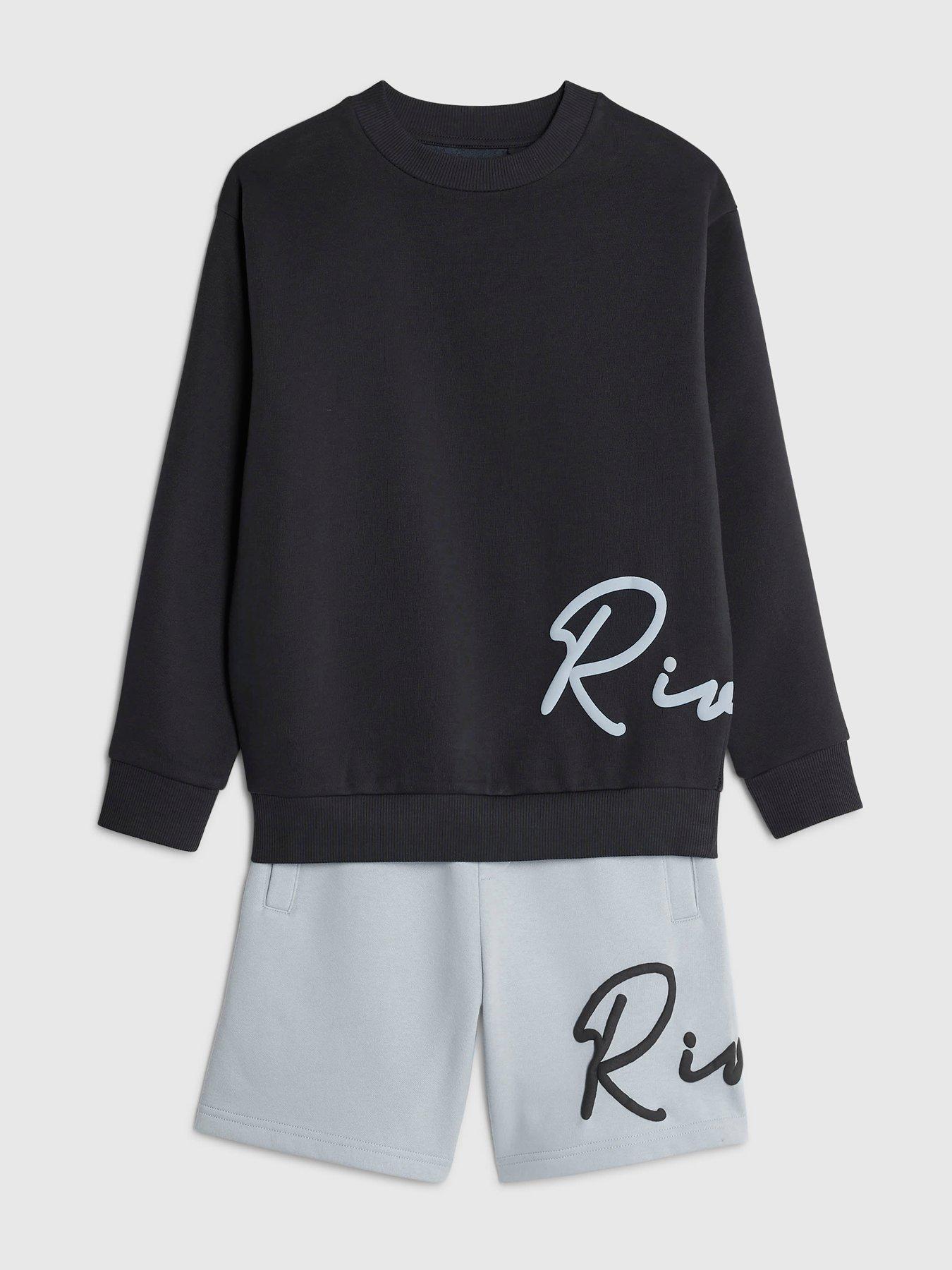 Image 4 of 4 of River Island Older Boys Logo Script Sweatshirt Set - Navy