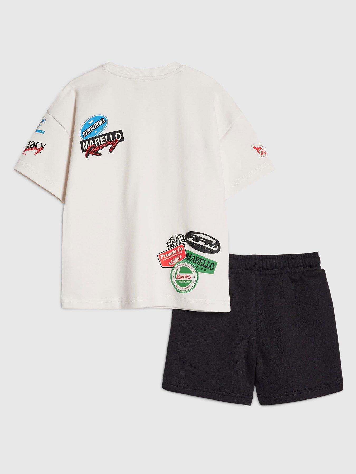 Image 2 of 5 of River Island Mini Boys Badge Motorsport T-Shirt &amp; Shorts Set - White