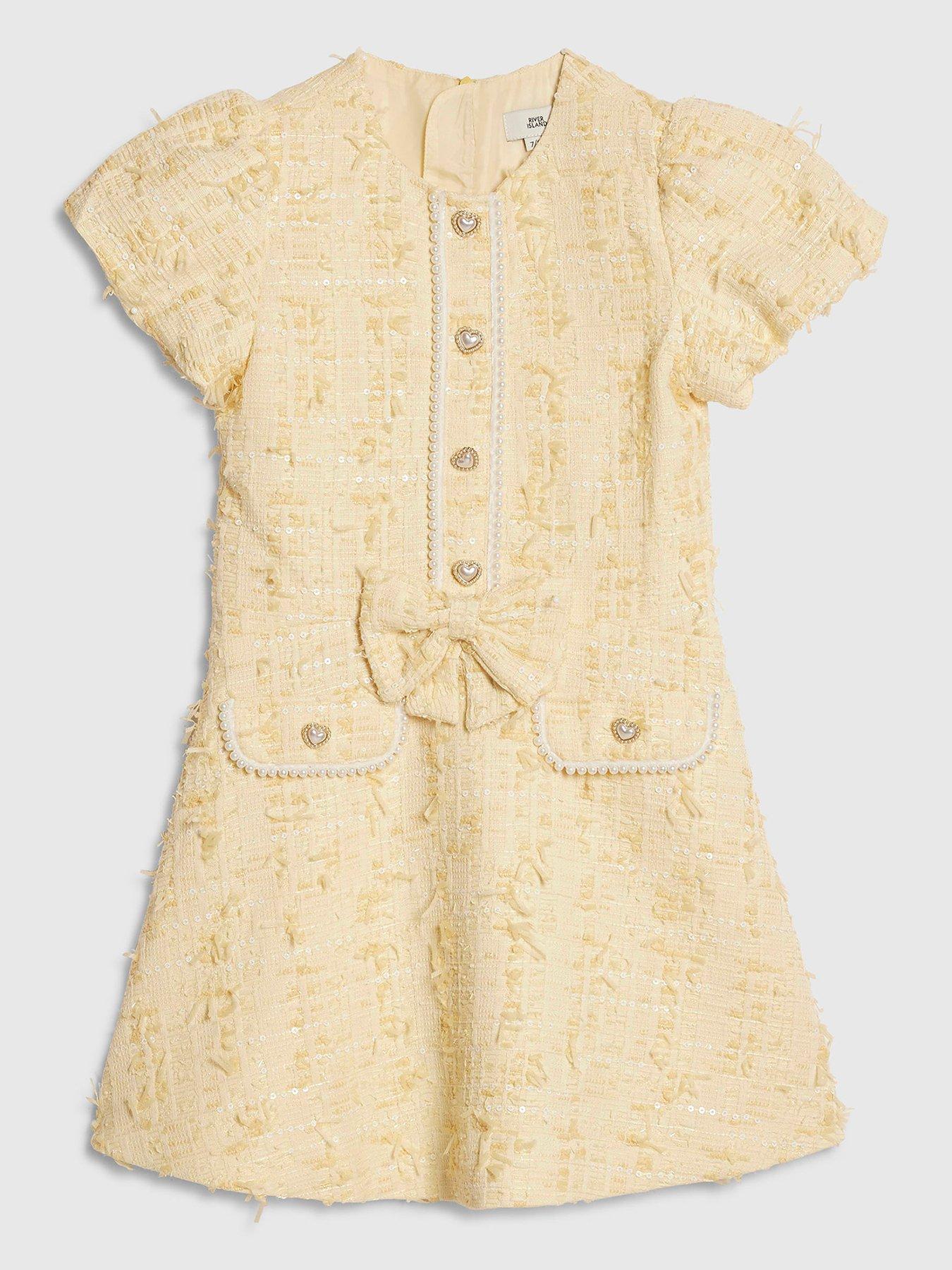 River Island Older Girls Bow Boucle Pearl Dress - Yellow