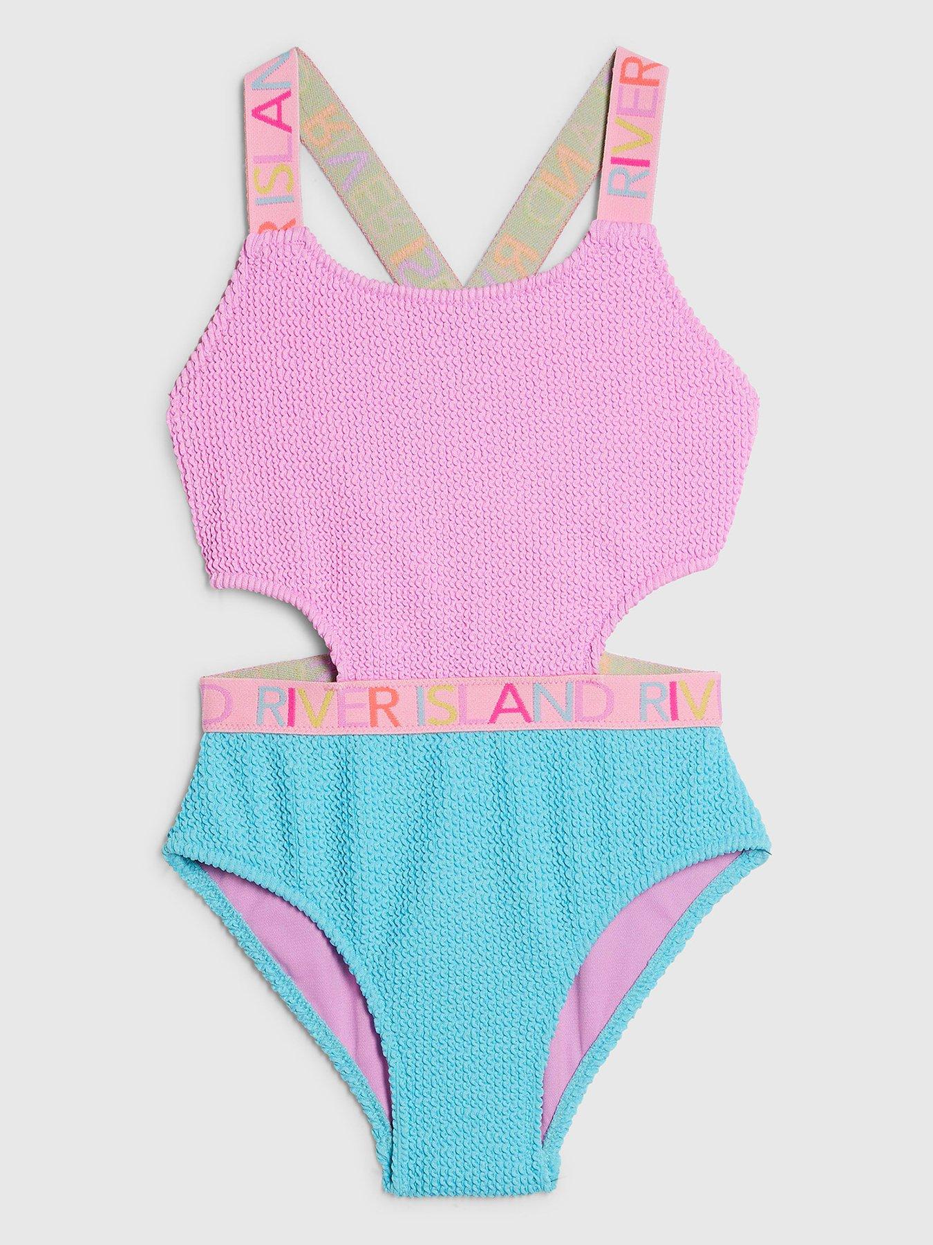 River Island Older Girls Colour Block Textured Swimsuit - Purple