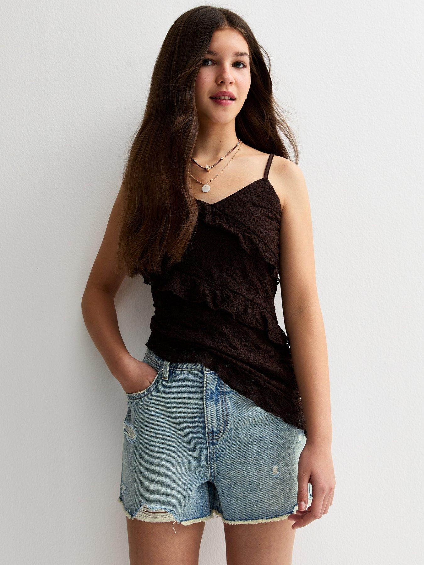 New Look 915 Girls Ripped Denim Mom Shorts - Light Blue