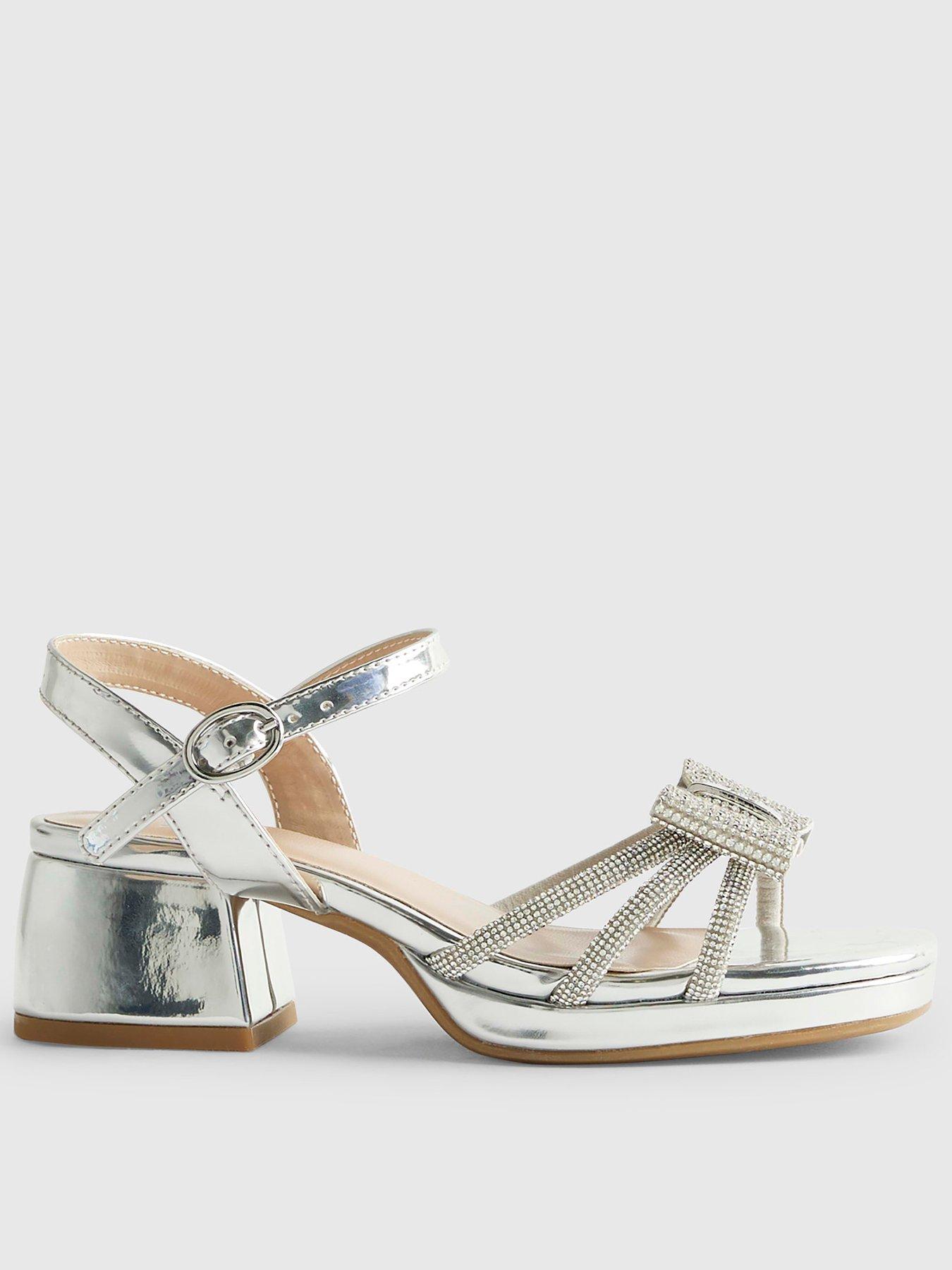 River Island Older Girls Diamante Bow Heeled Sandals - Silver