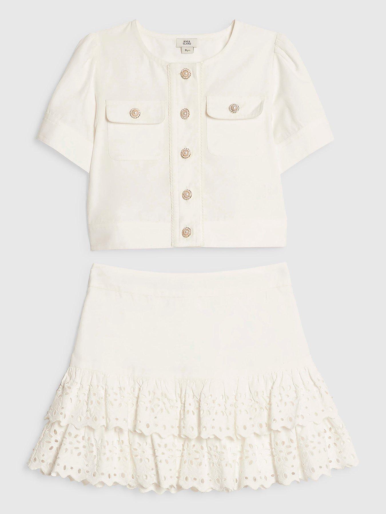 River Island Older Girls Broderie Hem Skirt Set - White