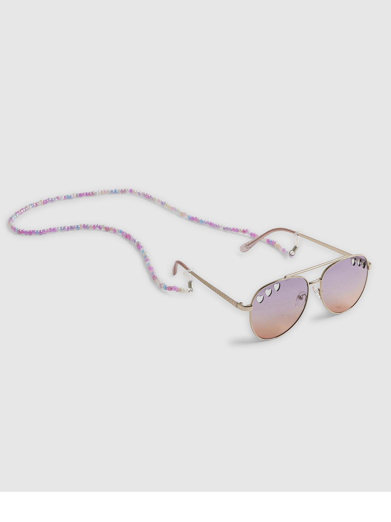 Image 1 of 5 of River Island Older Girls Cut Out Heart Bead Aviator Sunglasses - Purple
