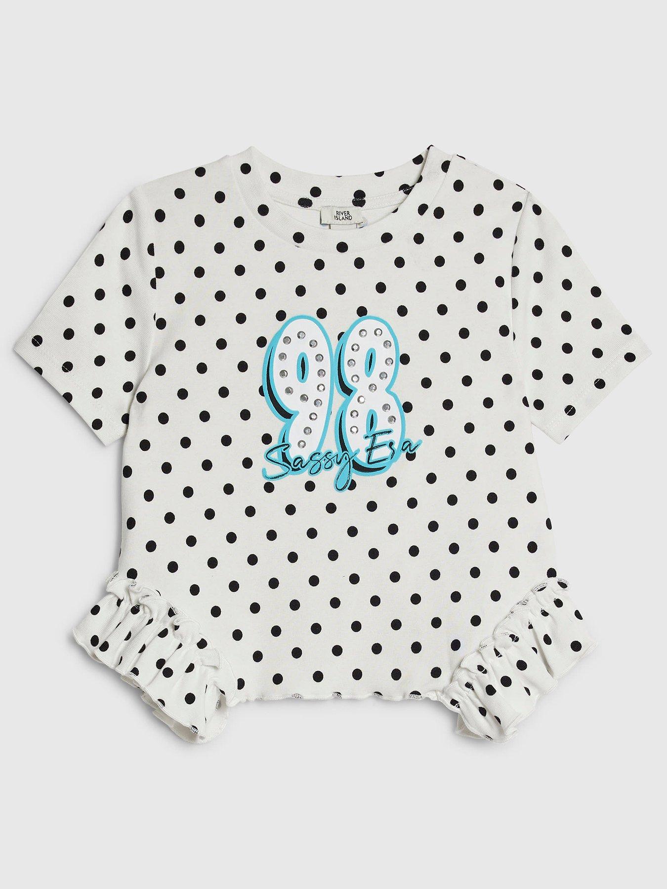 River Island Older Girls Polka Dot 98 Frill Hem T-Shirt - White