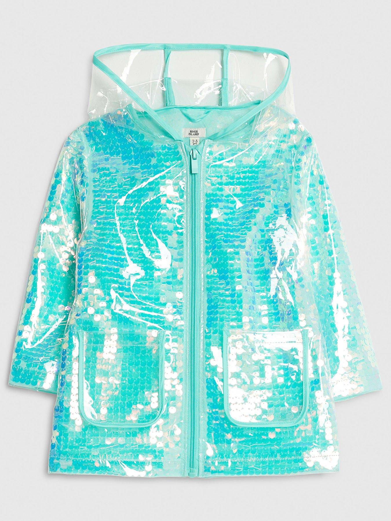 Image 1 of 4 of River Island Mini Girls Sequin Rain Mac Coat - Blue