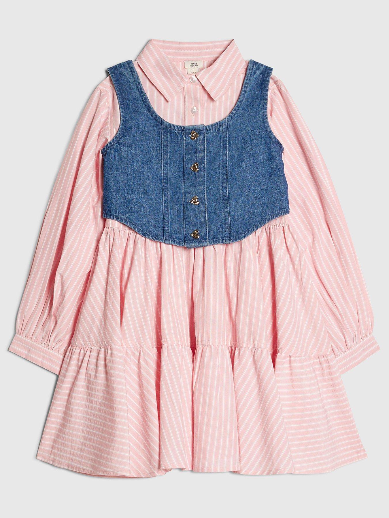 River Island Older Girls Stripe Hybrid Shirt Dress- Pink
