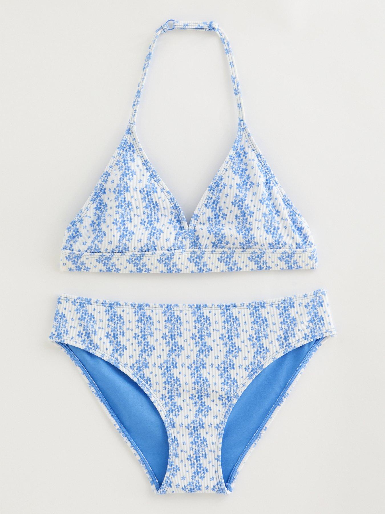 New Look 915 Girls Floral Ribbed Triangle Bikini Top And Bottoms Set - Light Blue