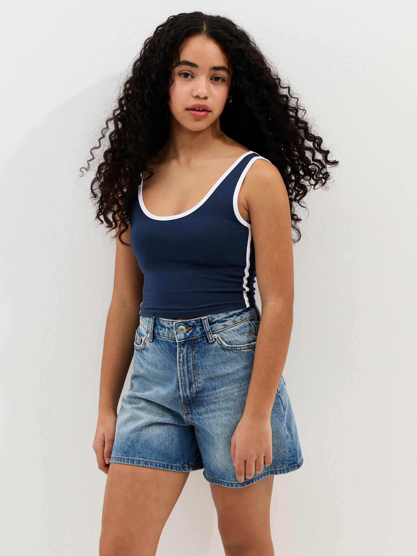 New Look 915 Girls Side Stripe Cropped Tank Top - Navy