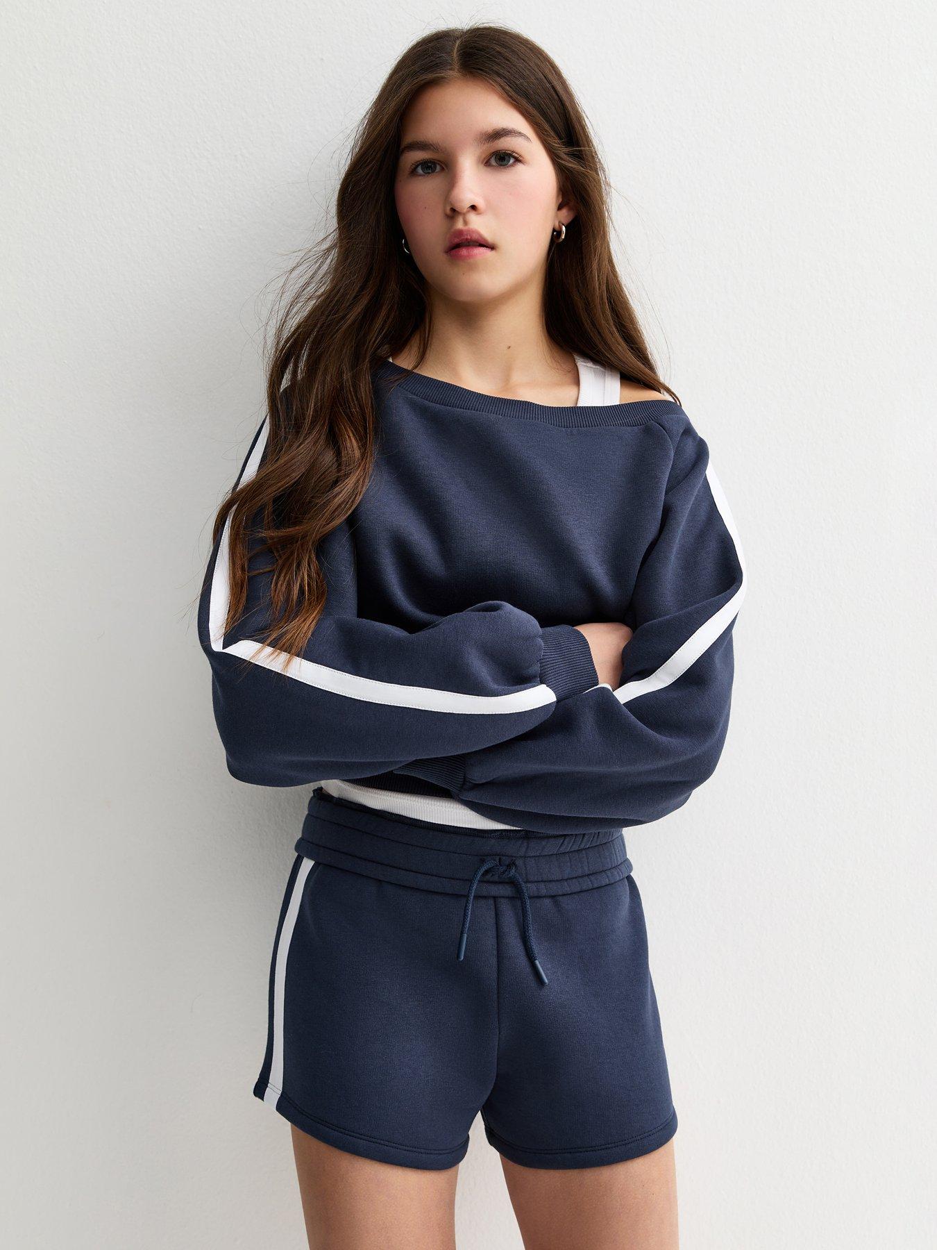 new-look-915-girls-side-stripe-drawstring-shorts-navy