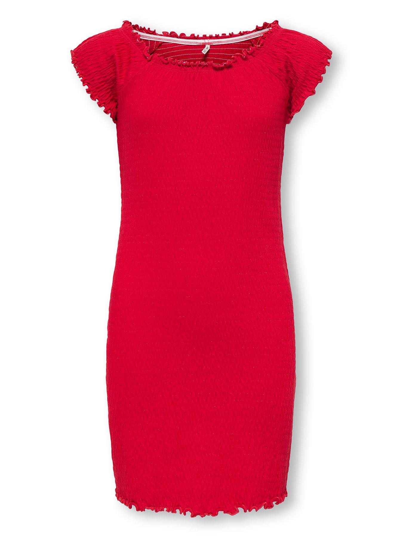 Only Kids Girls Cap Sleeve Crinkle Bodycon Dress - Red