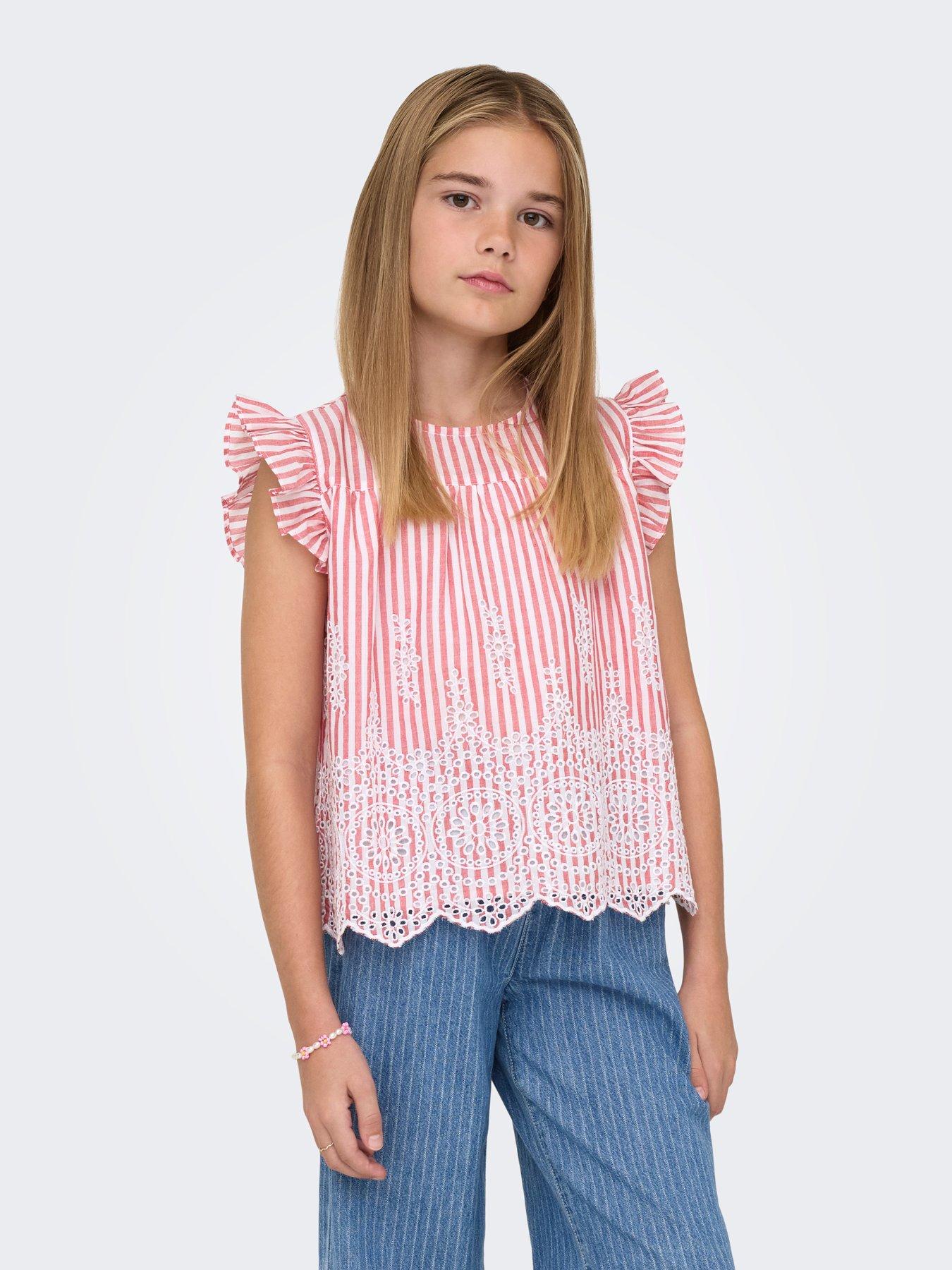 Only Kids Girls Stripe Broderie Anglaise Blouse - Red