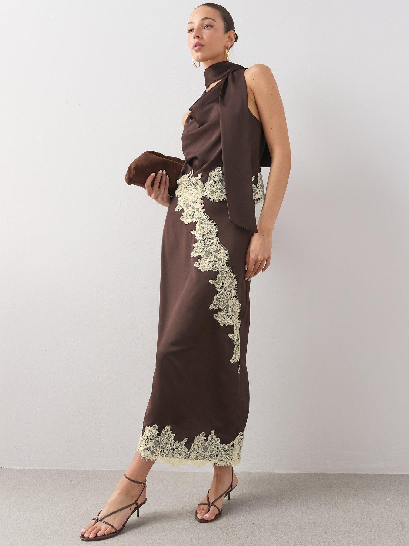 The Very Collection Satin Lace Trim Midi Skirt - Brown