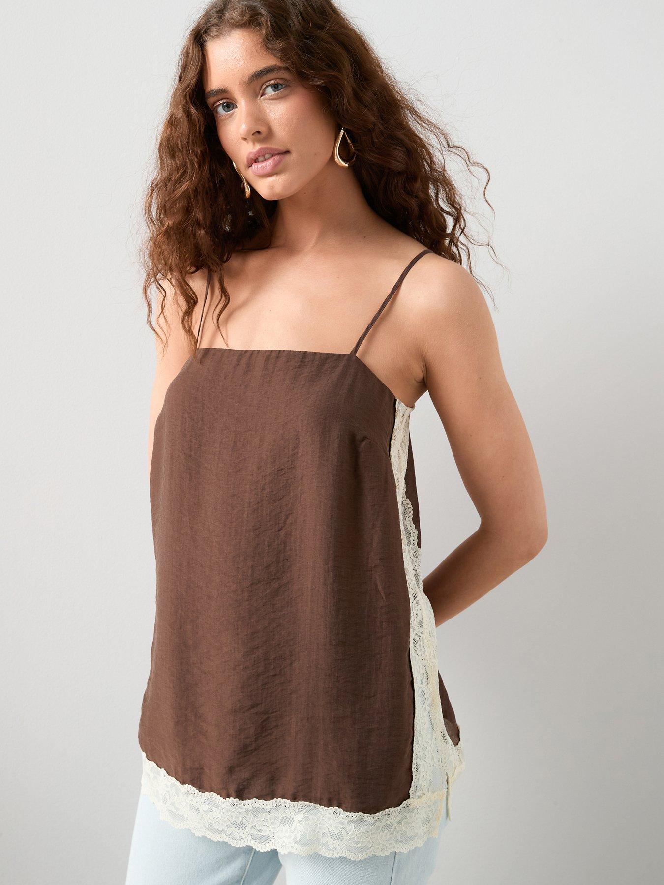 The Very Collection Lace Trim Square Neck Cami Top - Brown