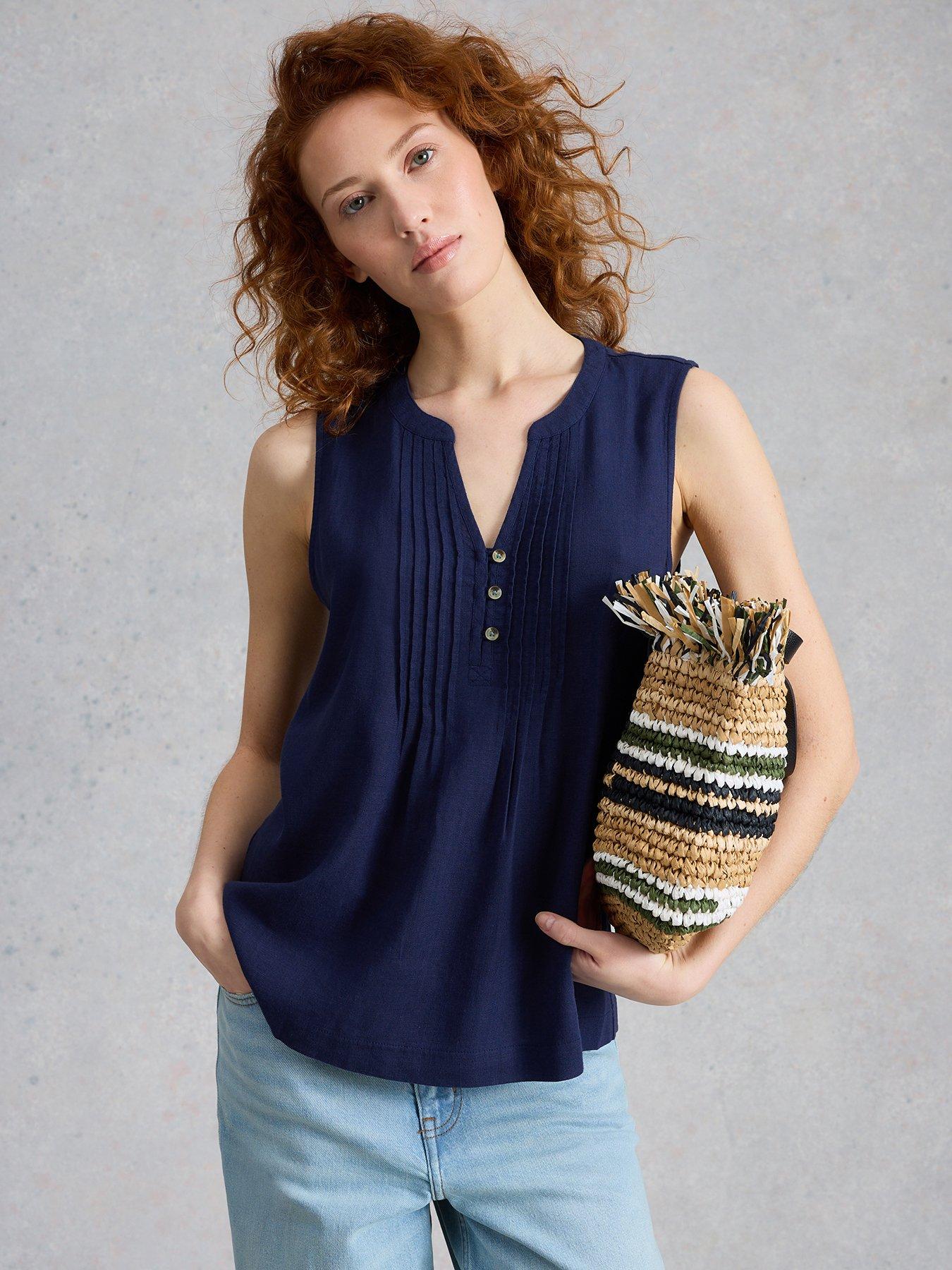 Image 1 of 6 of White Stuff Poppy Linen Blend Top - Blue