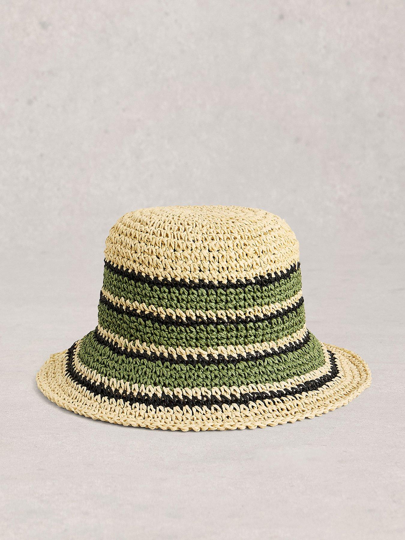 Image 1 of 2 of White Stuff Crochet Stripe Bucket Hat - Green
