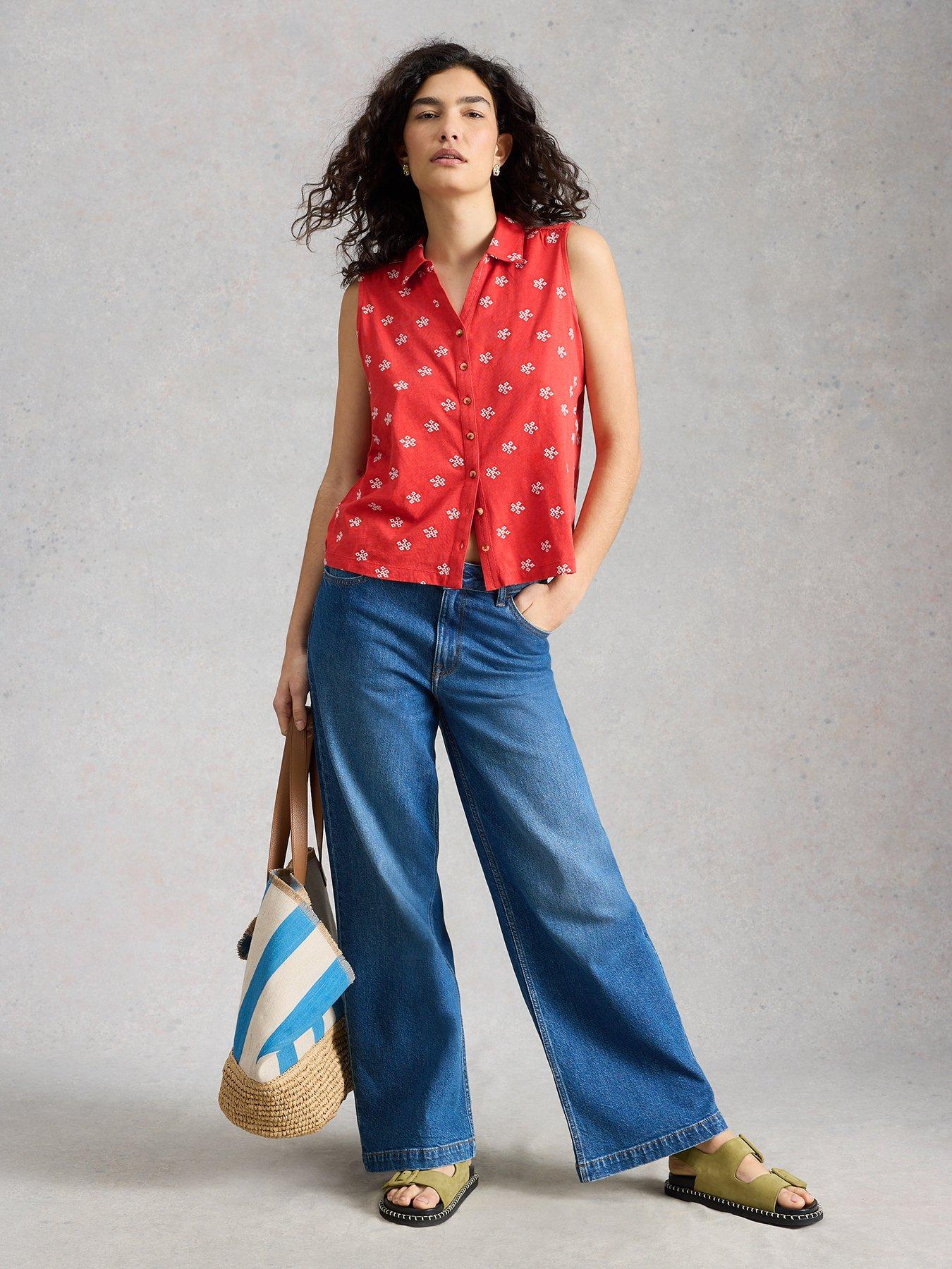Image 3 of 6 of White Stuff Amy Emb Sleeveless Shirt - Red