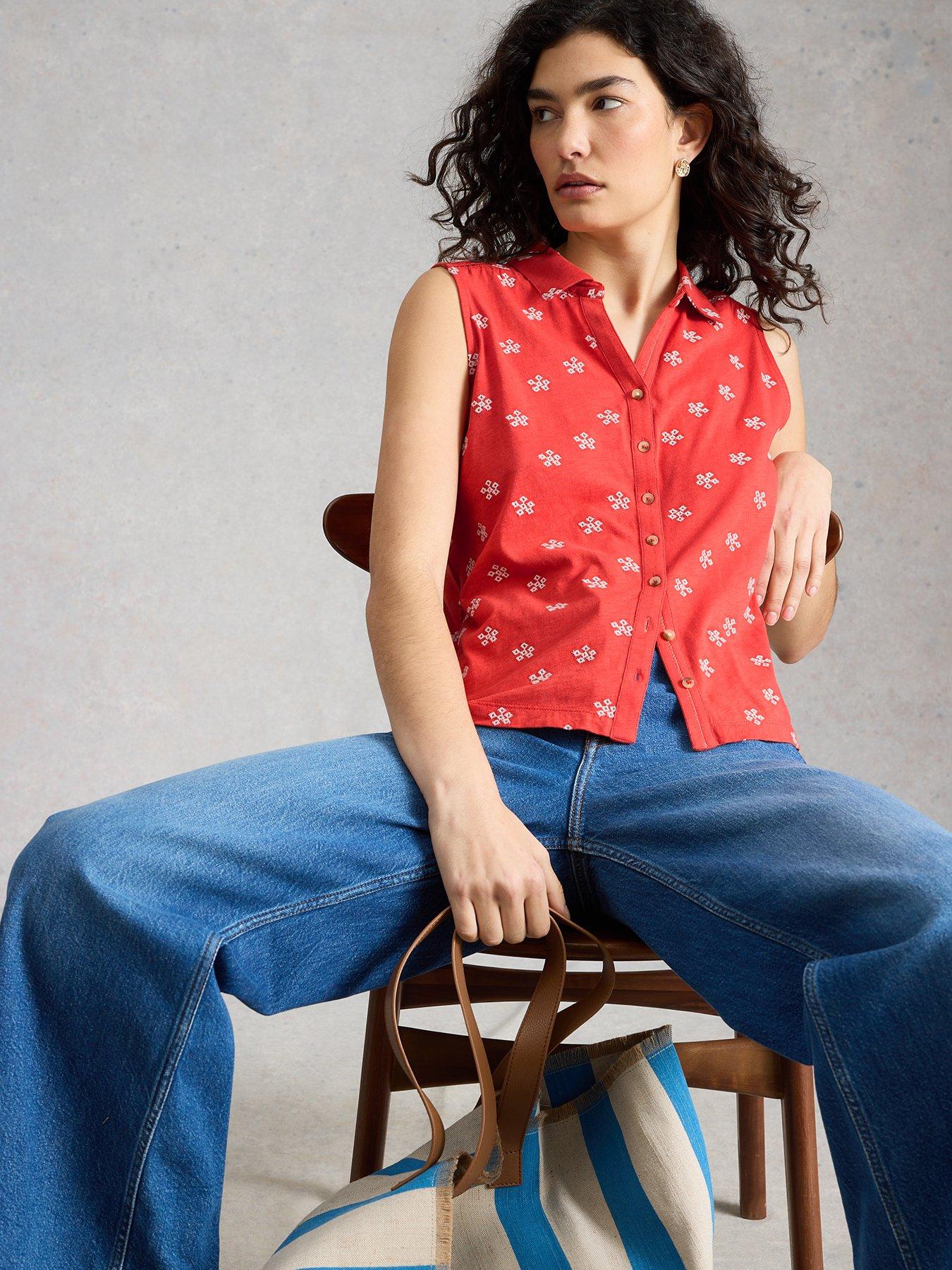 Image 4 of 6 of White Stuff Amy Emb Sleeveless Shirt - Red
