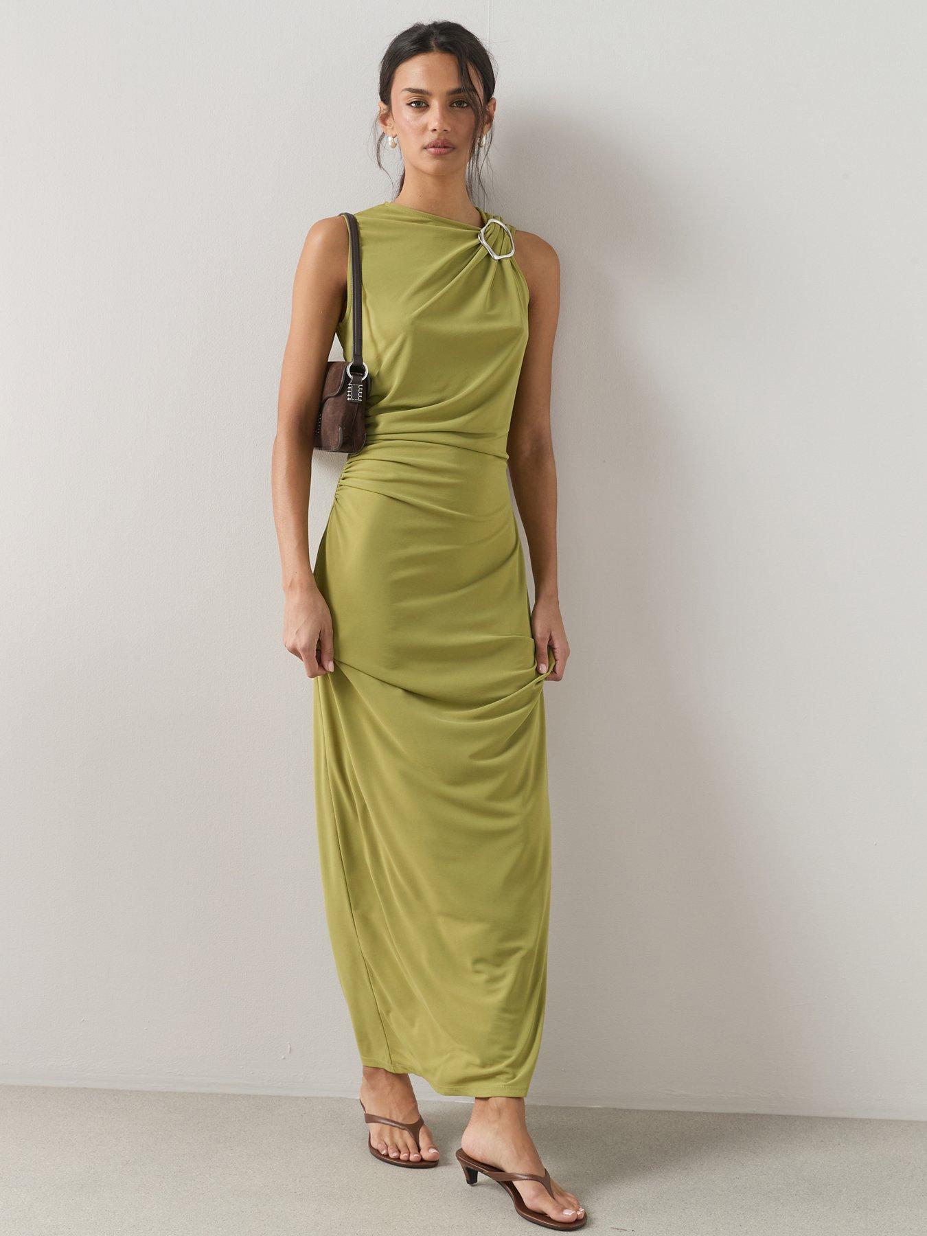 Image 3 of 7 of The Very Collection Trim Detail Ruched Hem Maxi Dress - Green