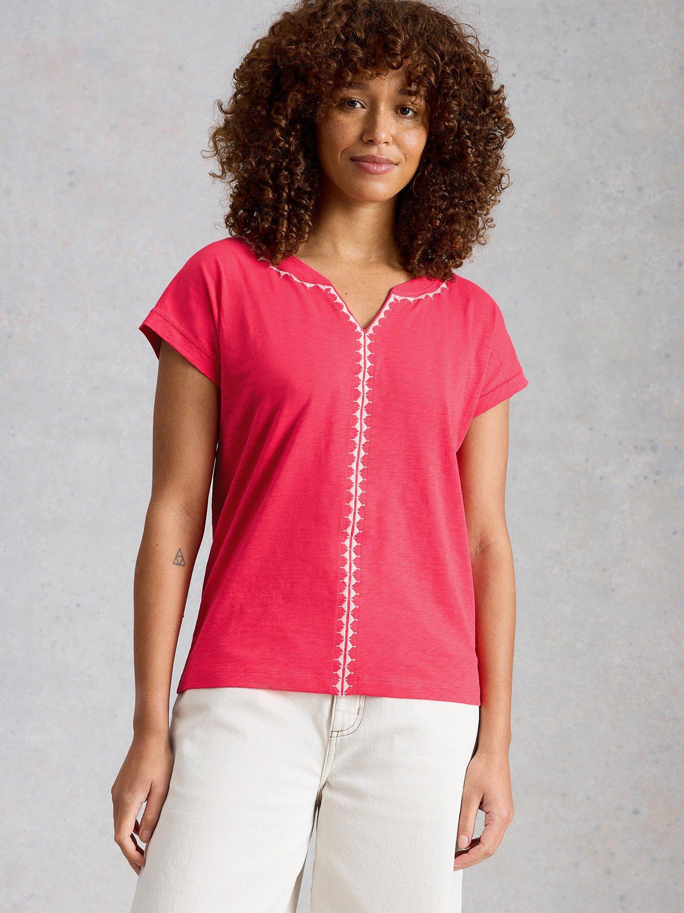 White Stuff Nelly Plain Embroidered Tee - Pink