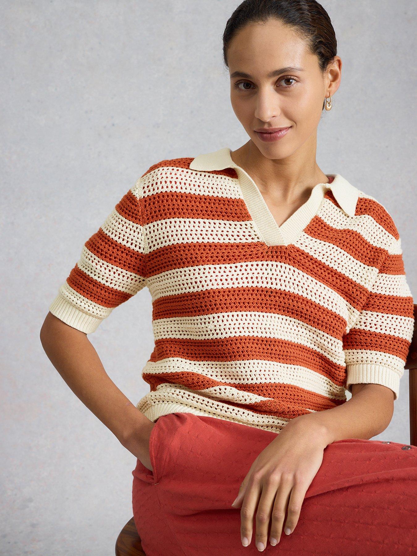 Image 1 of 6 of White Stuff Cooper Knitted Stripe Polo Top - Brown