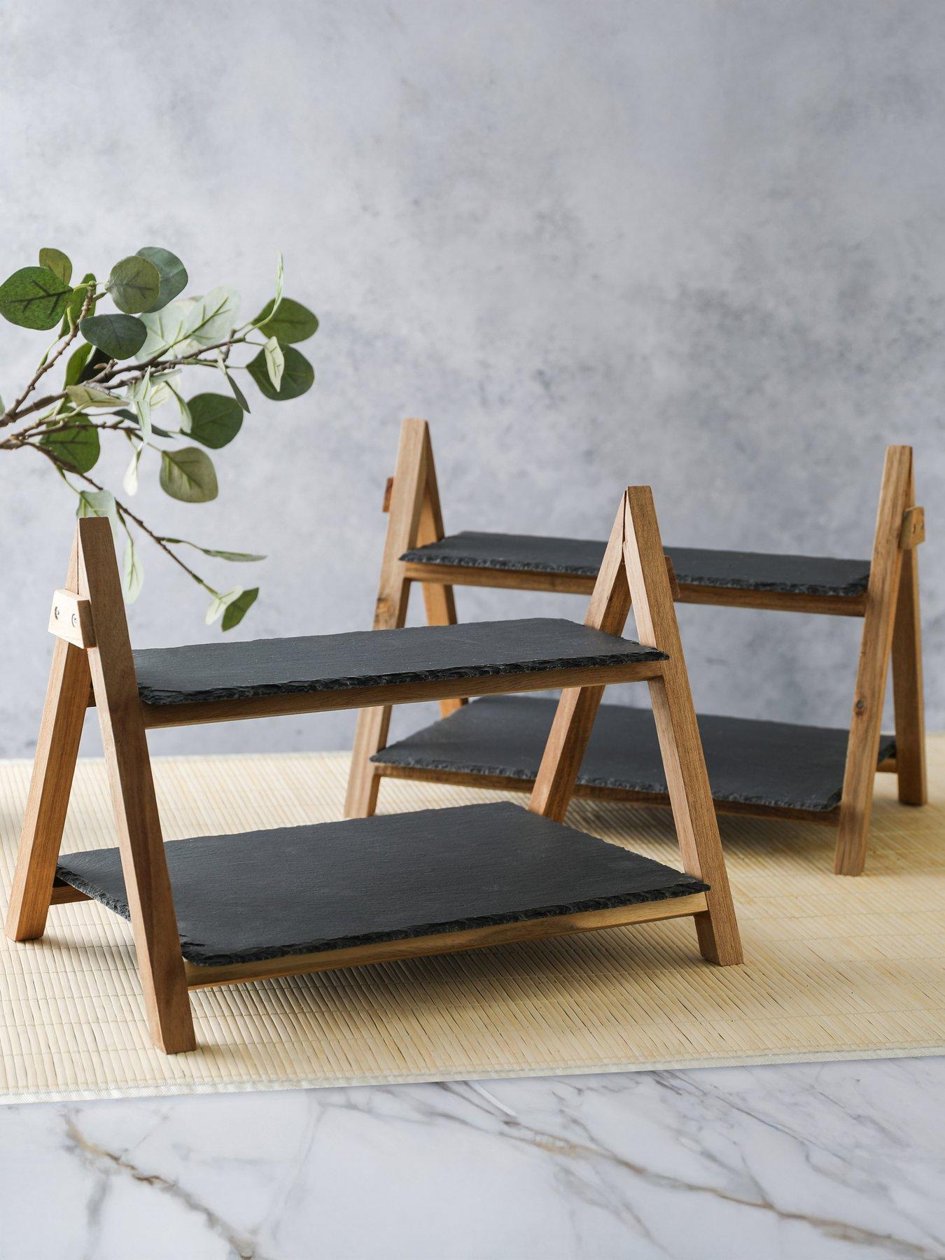 Artesa Two Tier Slate and Wood Serving Stands - Set of 2
