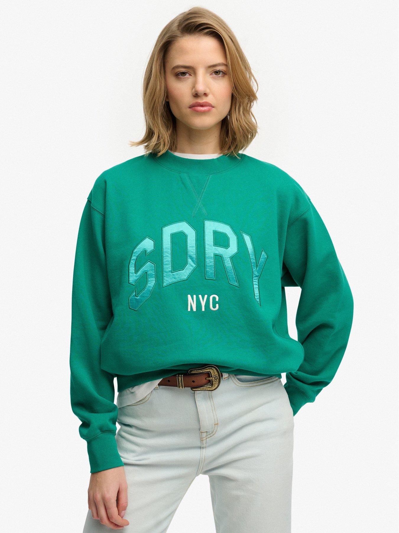 front image of superdry-varsity-satin-applique-crew-green
