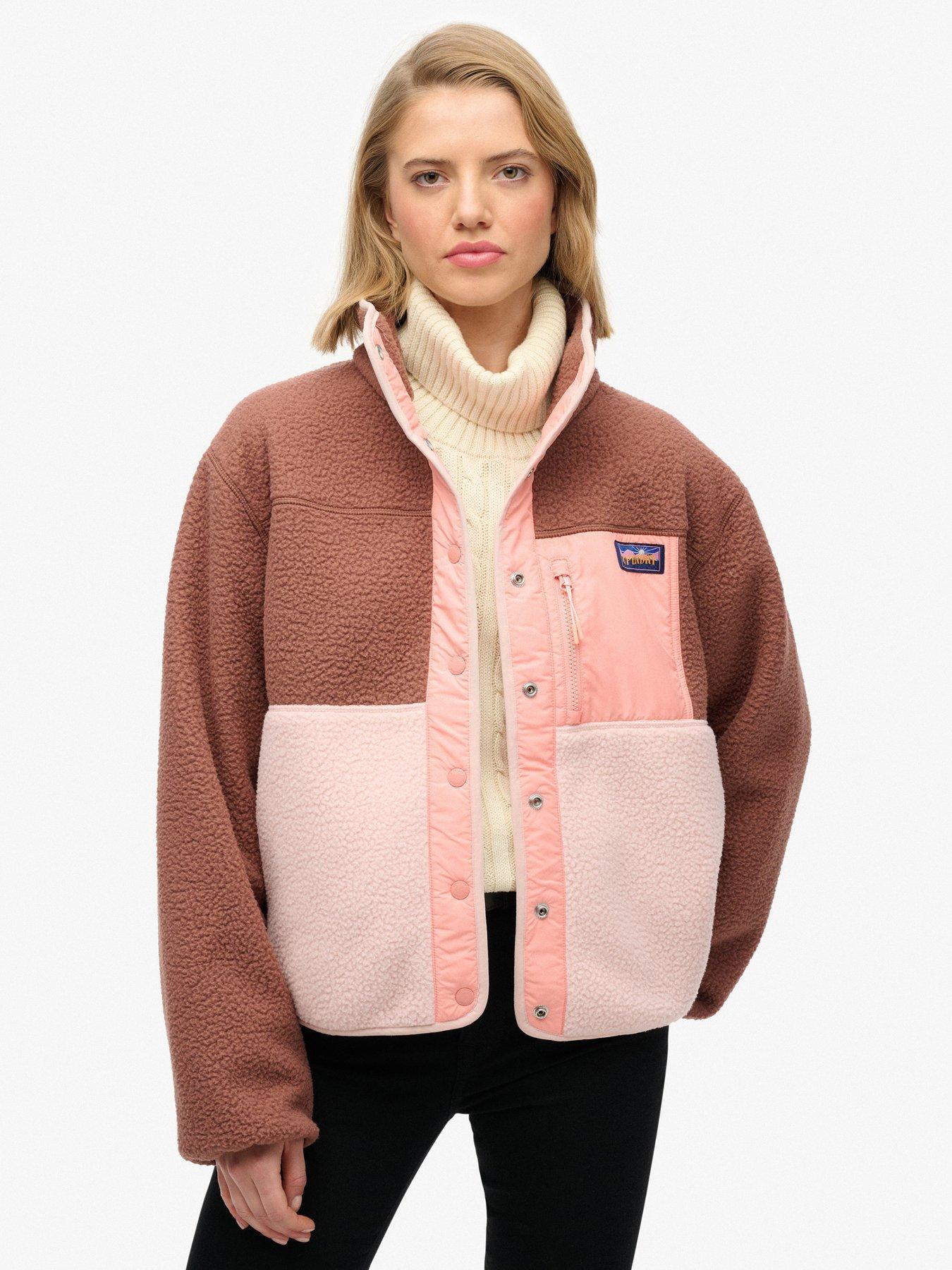 front image of superdry-colour-block-fleece-jacket-brown