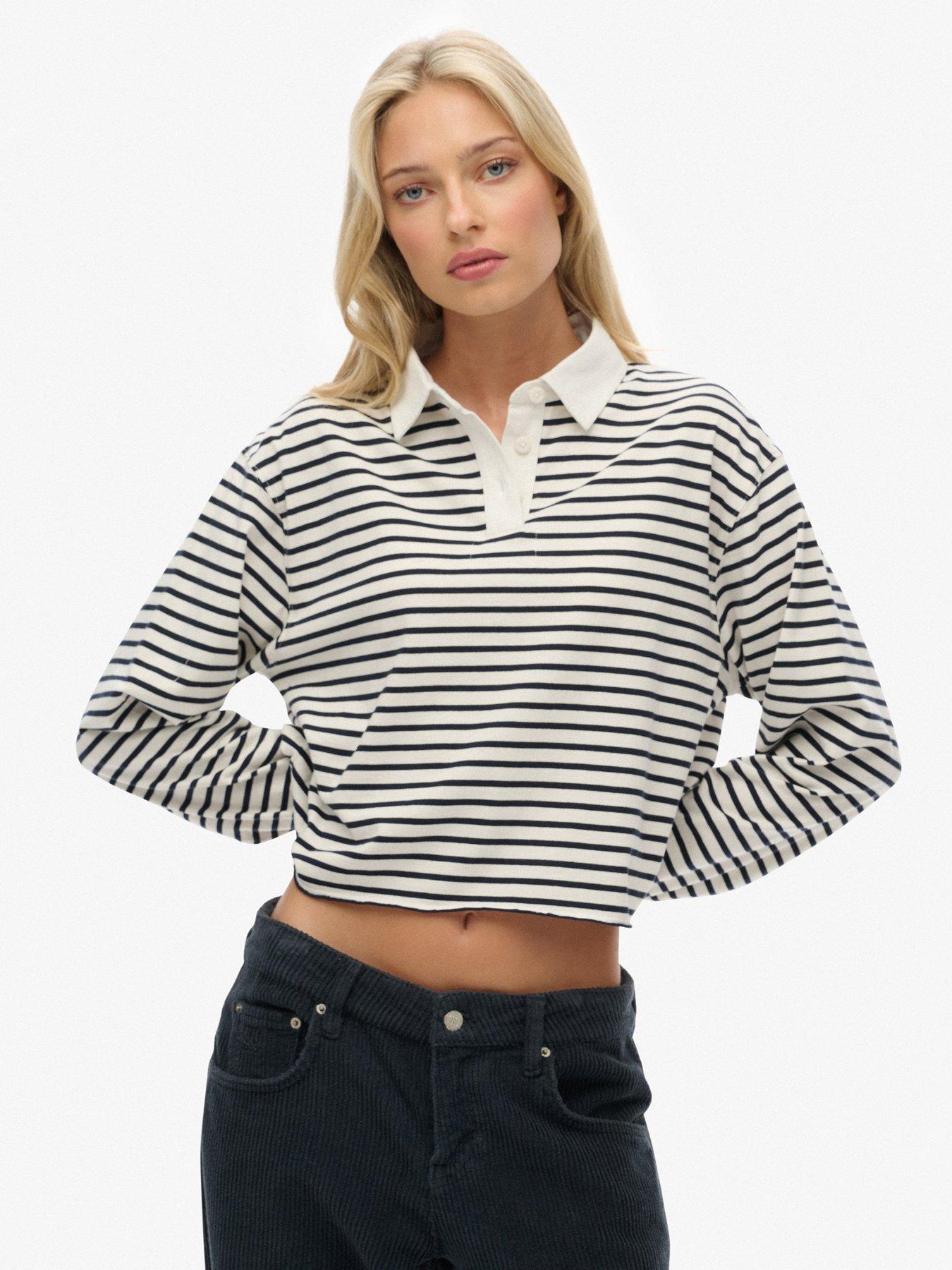 Image 1 of 5 of Superdry Athletic Essentials Cropped Stripe Rugby Top - Cream
