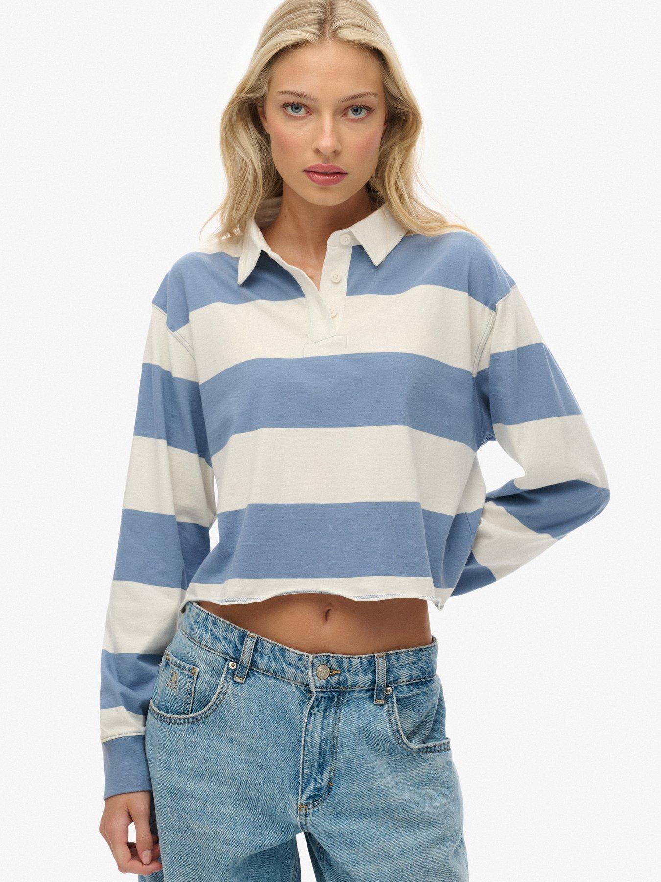Image 1 of 5 of Superdry Athletic Essentials Cropped Stripe Rugby Shirt- Blue