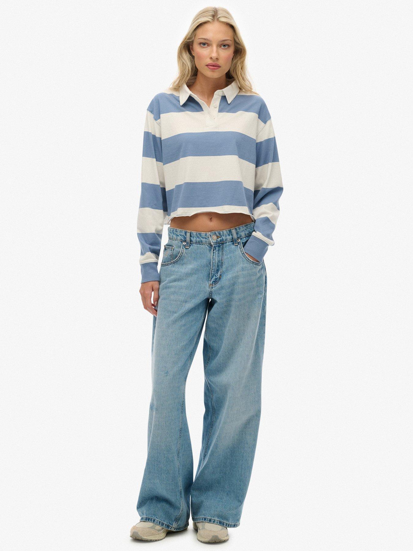 Image 3 of 5 of Superdry Athletic Essentials Cropped Stripe Rugby Shirt- Blue
