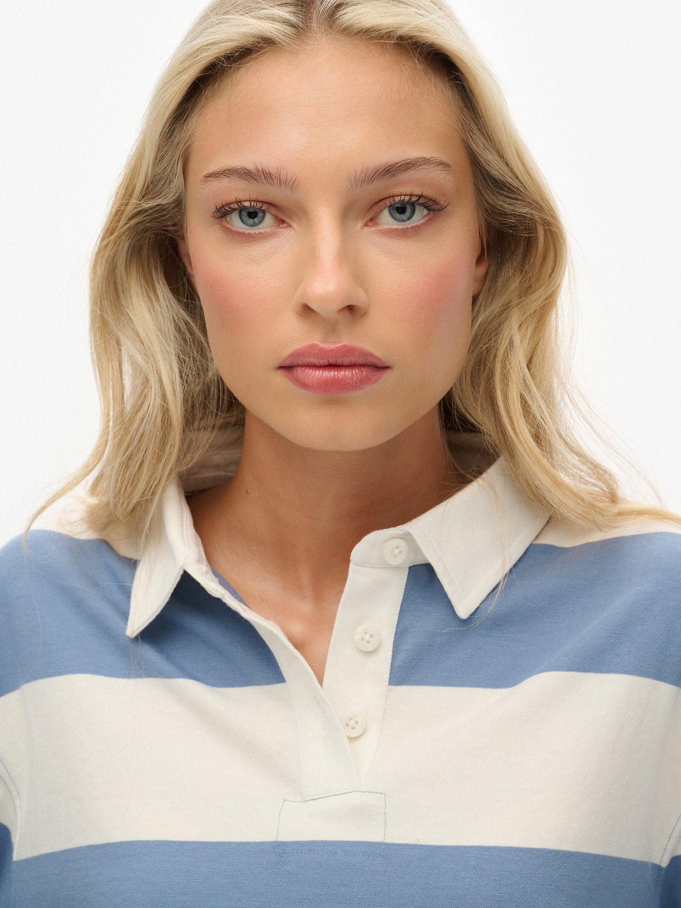 Image 4 of 5 of Superdry Athletic Essentials Cropped Stripe Rugby Shirt- Blue