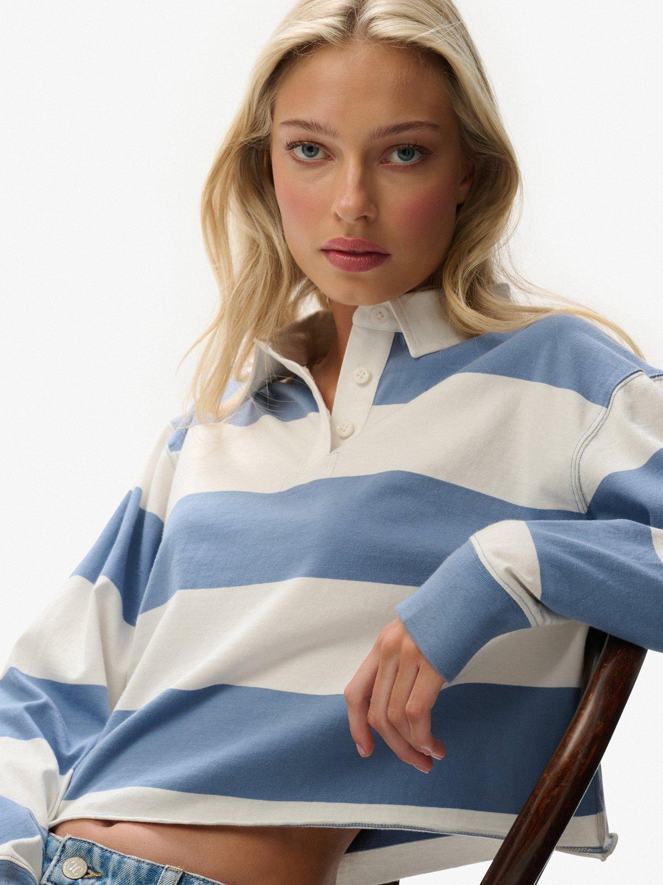 Image 5 of 5 of Superdry Athletic Essentials Cropped Stripe Rugby Shirt- Blue