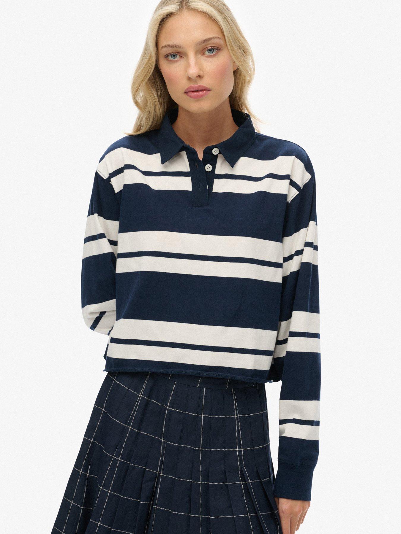 Superdry Athletic Essentials Cropped Stripe Rugby Shirt- Blue