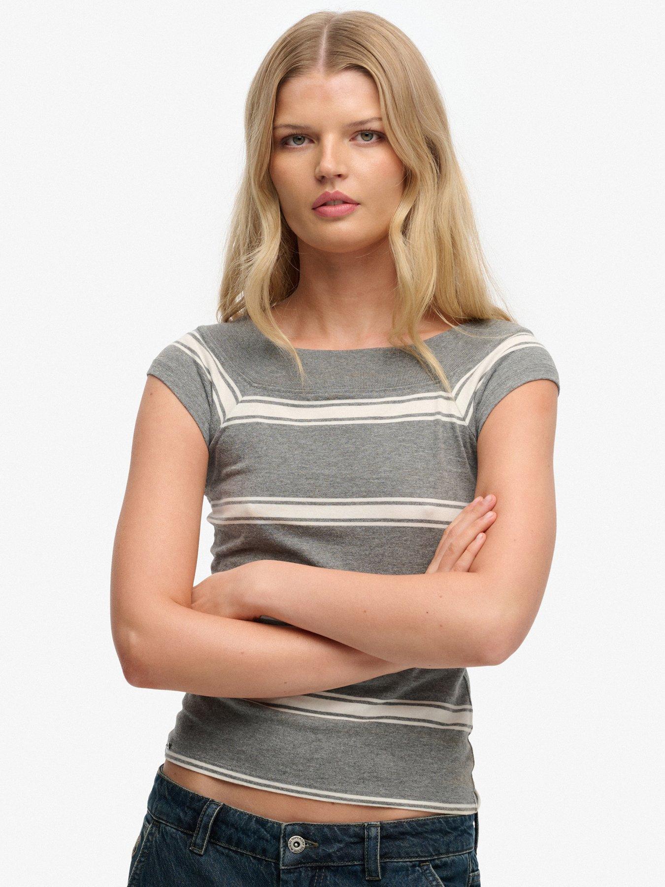 front image of superdry-athletic-off-shoulder-striped-top-grey