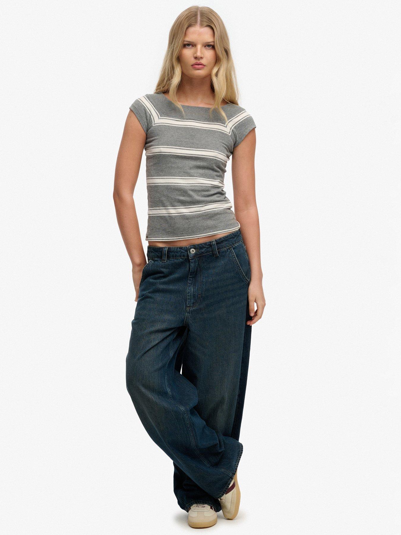  image of superdry-athletic-off-shoulder-striped-top-grey