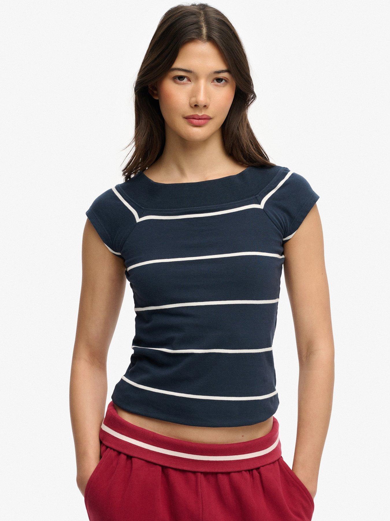 front image of superdry-off-shoulder-striped-top-blue