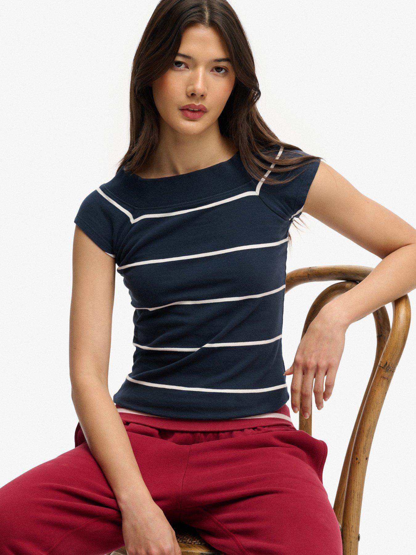  image of superdry-off-shoulder-striped-top-blue