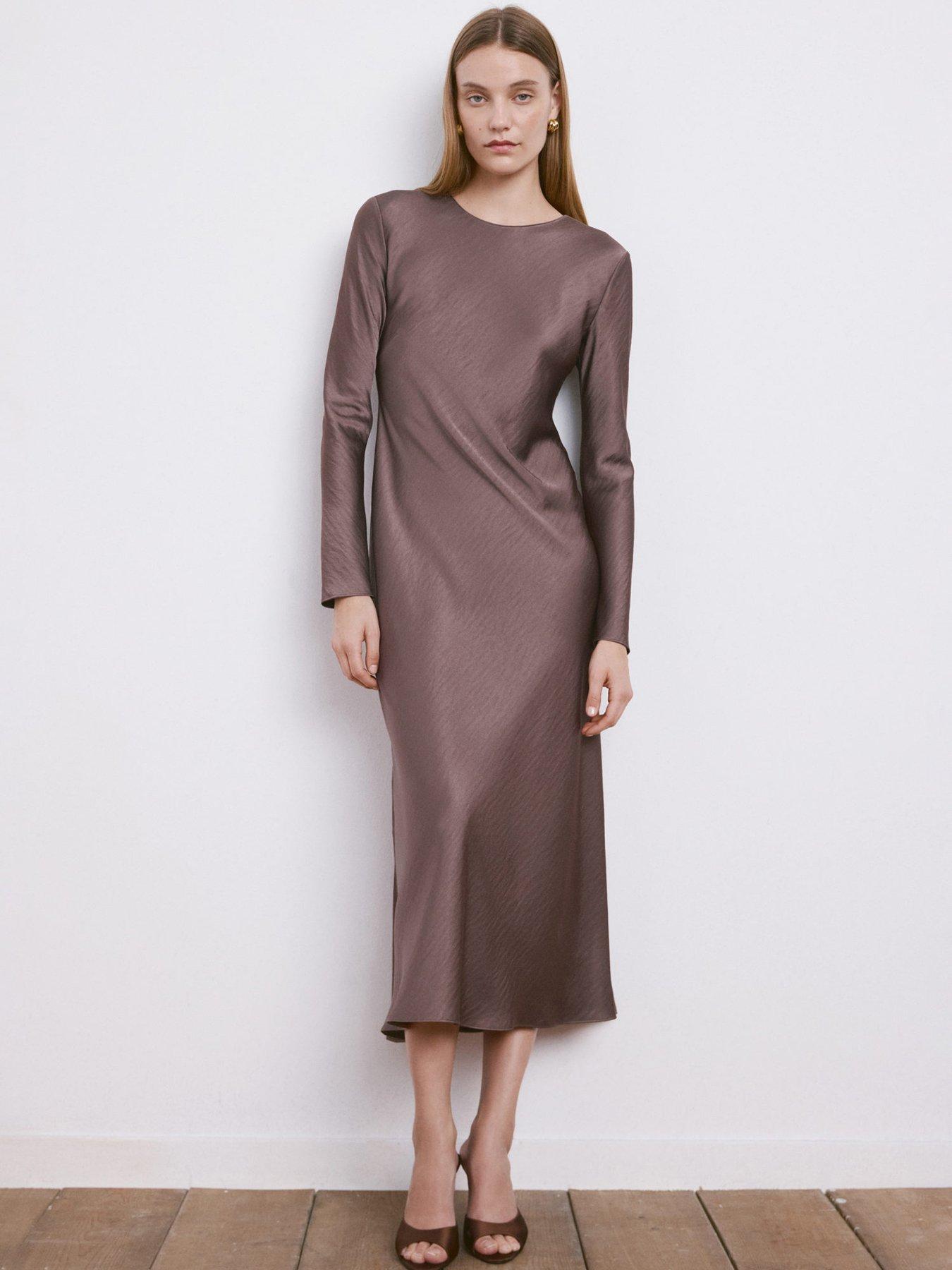 Mango Long Satin Textured Dress - Purple